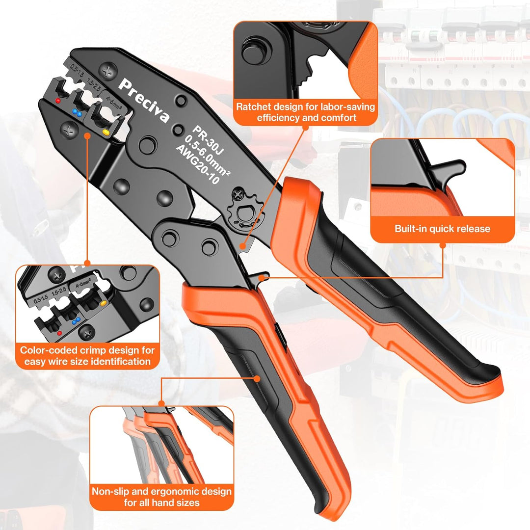 Crimpzange Set, Kabelschuhzange mit Ratschenmechanik + 425 farbcodierte Kabelverbinder (0,5-6mmยฒ) โ