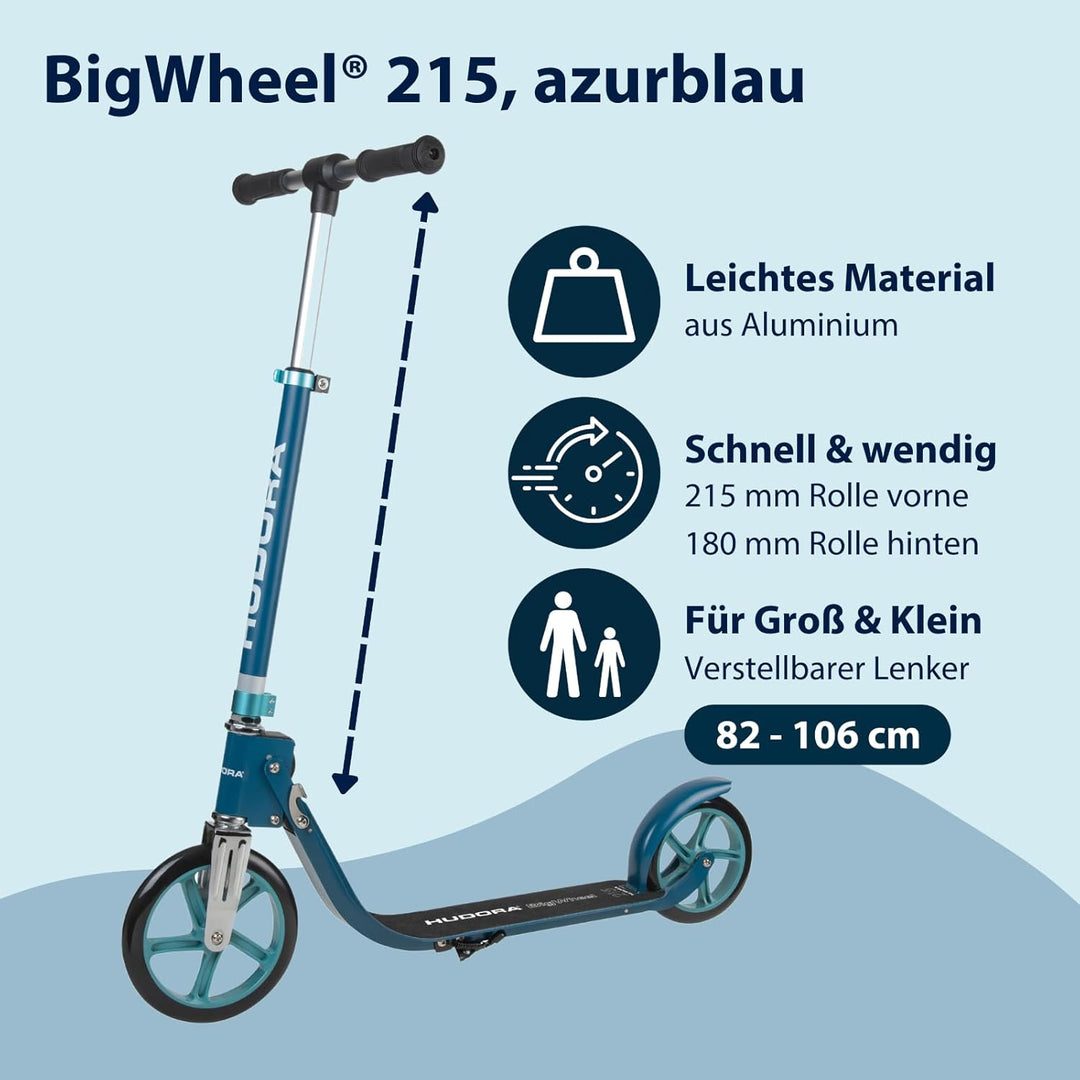 HUDORA BigWheel® 215 Scooter - Komfortabler Aluminium-Roller für bis zu 100kg - Höhenverstellbarer &
