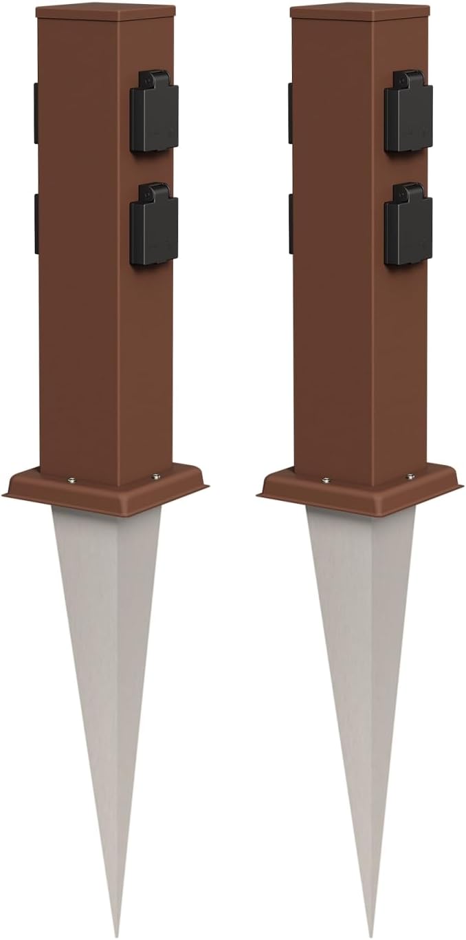 ledscom.de 2X Garten-Steckdosen-Säule Polly mit Erdspiess für aussen, IP44, 4-Fach, braun, eckig, 38