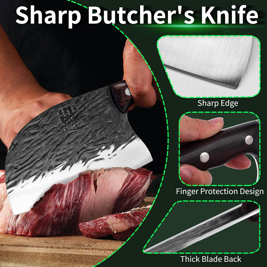 FULLHI Voll-Tang Metzgermesser mit Scheide, serbisches Kochmesser mit hohem Kohlenstoffstahl Fleisch
