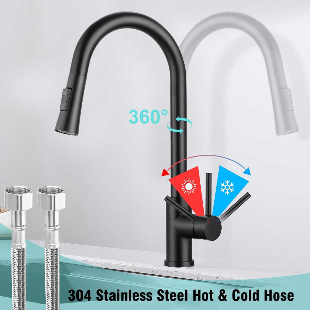 BONADE Wasserhahn Küche Schwarz, 360° Drehbare Küchenarmatur mit Brause Ausziehbar, Hoher Bogen Misc