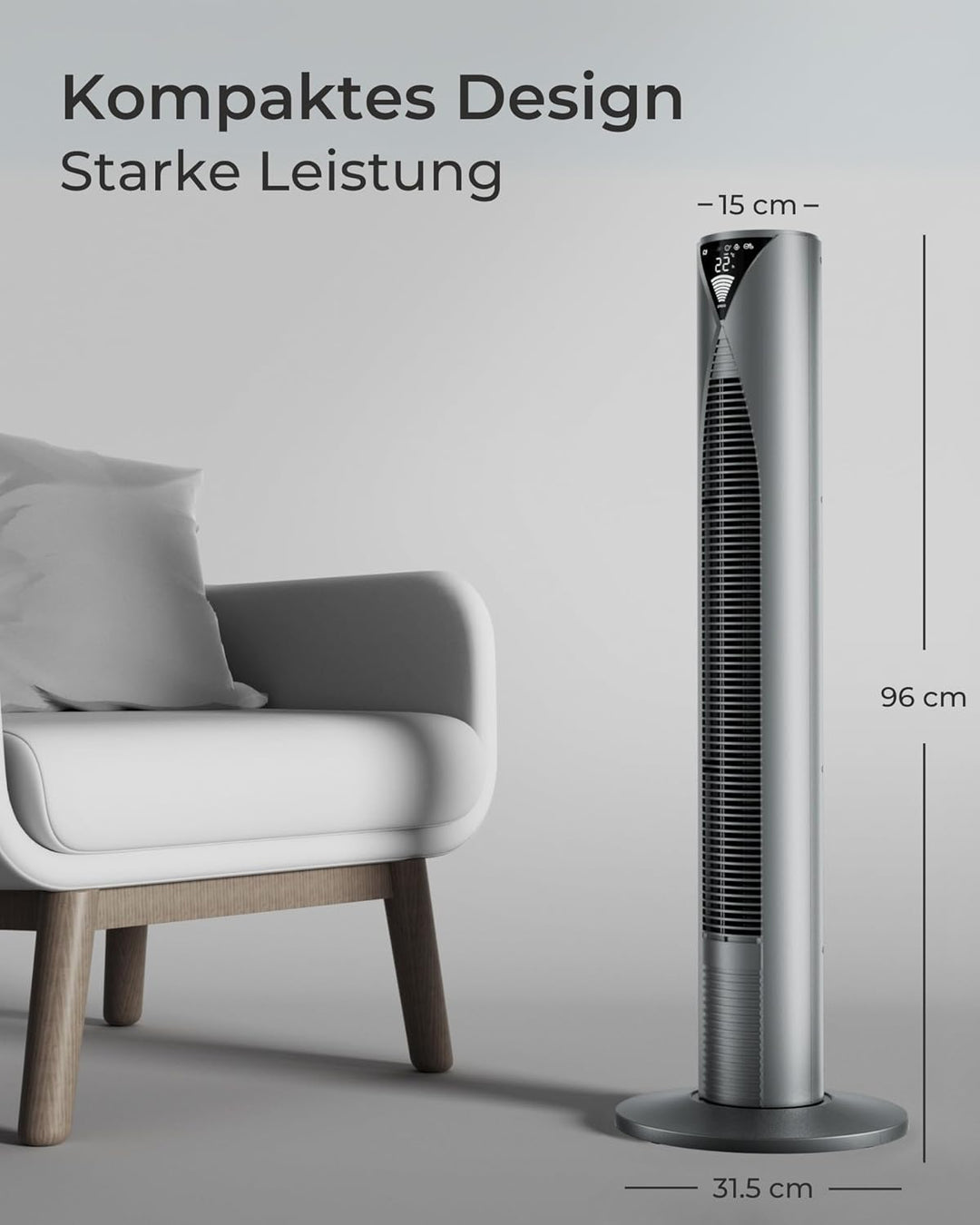 CoolHome CF2206 Turmventilator - Ventilator mit Fernbedienung - 96 CM - Dimmbares LED Display - Grau