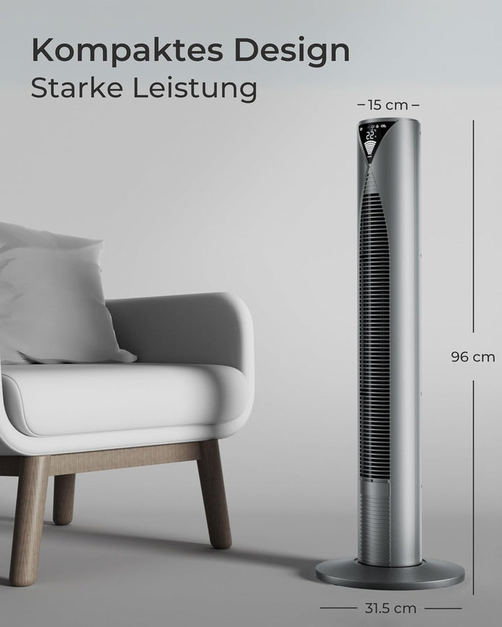 CoolHome CF2206 Turmventilator - Ventilator mit Fernbedienung - 96 CM - Dimmbares LED Display - Grau