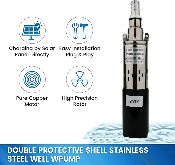 ZYIY Tiefbrunnenpumpe 53m 3In Rohr Edelstahl Tauchwasserpumpe 1In Auslass Wassertauchpumpe 260W 24V