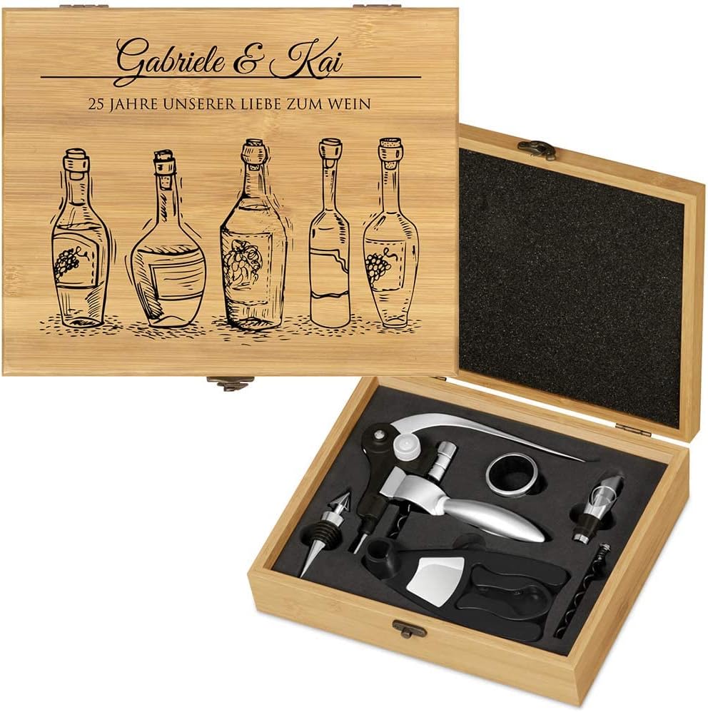 Maverton Weinöffner-Set personalisiert Weinset Sommelier Set - Geschenkbox Holzbox + 6er Weinzubehör