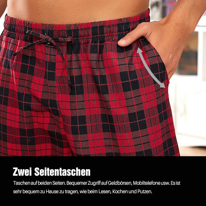 Litherday Schlafanzughose Herren Lang Kariert Pyjamahose 100% Baumwolle Nachtwäsche hose mit Taschen
