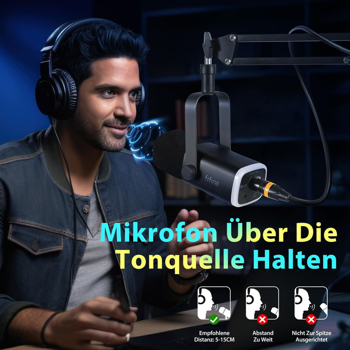 FIFINE XLR Streaming Mikrofon mit Arm für Podcast Studio, USB Dynamisch Microphone Gaming PC mit Stu