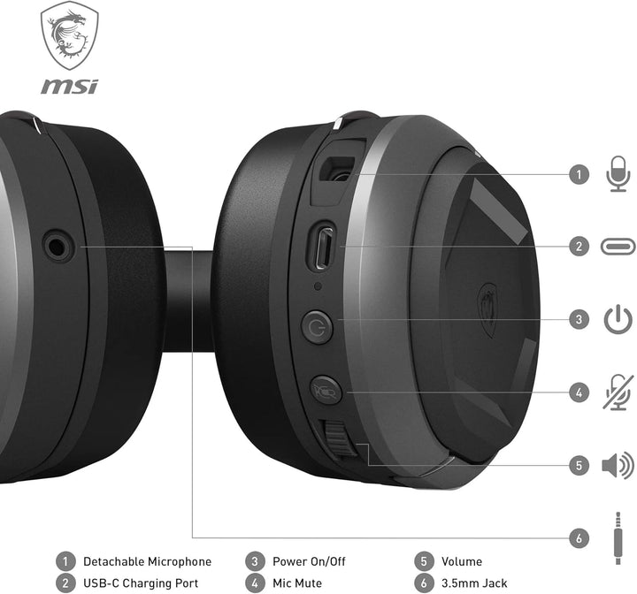 MSI IMMERSE GH50 Wireless Gaming Headset - Kabelose Kopfhörer, 50-mm-Neodym-Treiber mit Bassverstärk