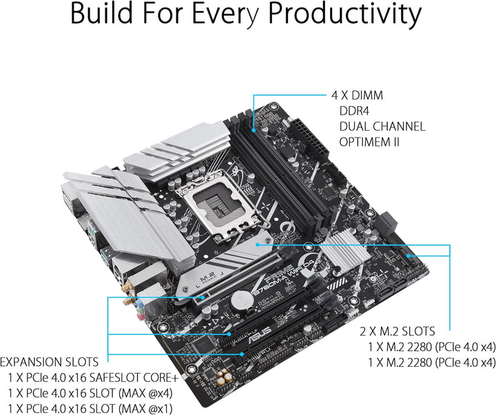 ASUS PRIME B760M-A WIFI D4 Gaming Mainboard Sockel Intel LGA 1700 (Intel B760, mATX, DDR4 Speicher,