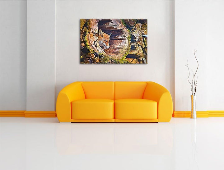 Fuchs im Baumstamm Deluxe Format: 100x70 cm auf Leinwand, XXL riesige Bilder fertig gerahmt mit Keil