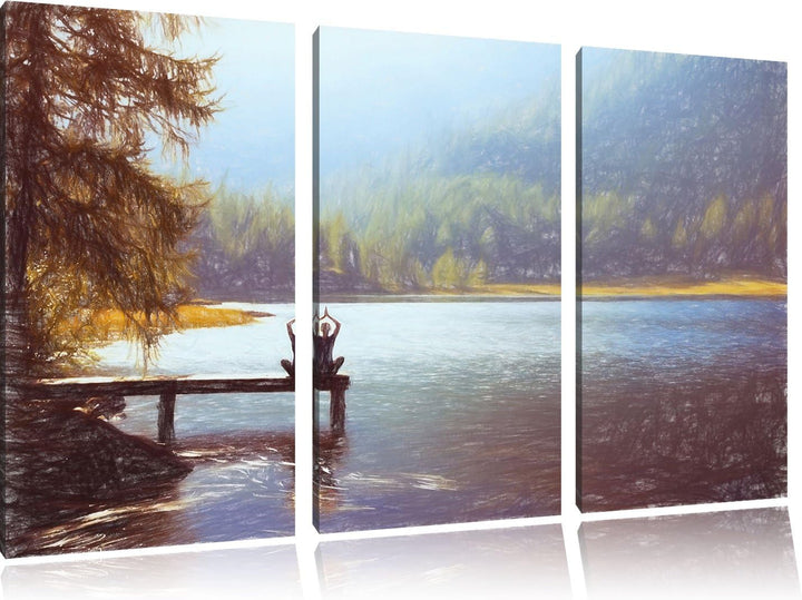 Pixxprint Yoga am See / 3-Teilig/Gesamtmass 120cm Leinwandbild bespannt auf Holzrahmen/Wandbild Kuns