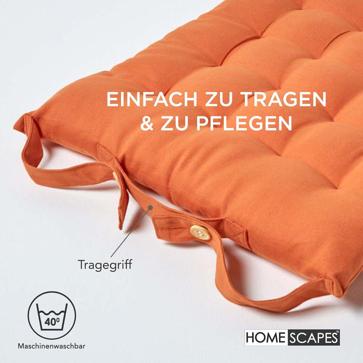 Homescapes 4er Set Stuhlkissen 40 x 40 cm, Terracotta-orange, Sitzkissen mit Bändern und Knopfversch