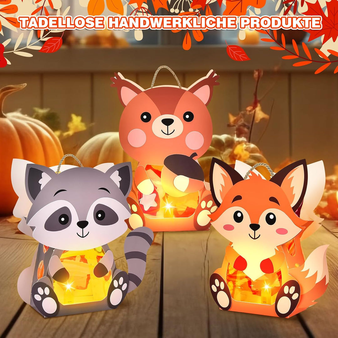 Herenear 3 Stück Herbst Kinder Laternen, Tierische Papierlaternen mit Laternenstäben, DIY Tier Dekor