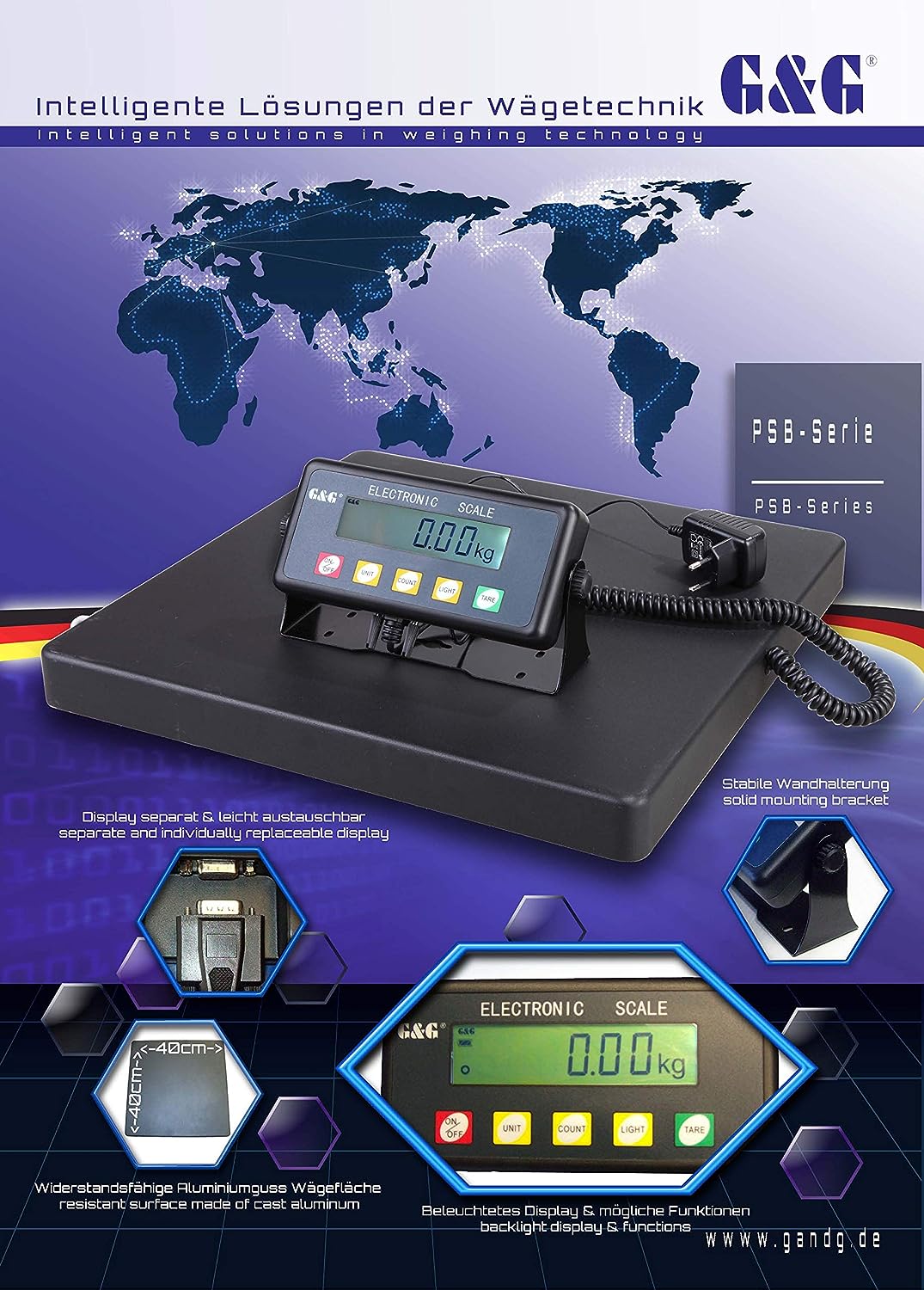 G&G PSB Paketwaage Plattformwaage, robuste 40 × 40 cm Wiegefläche aus Aluminumguss / Batteriebetrieb