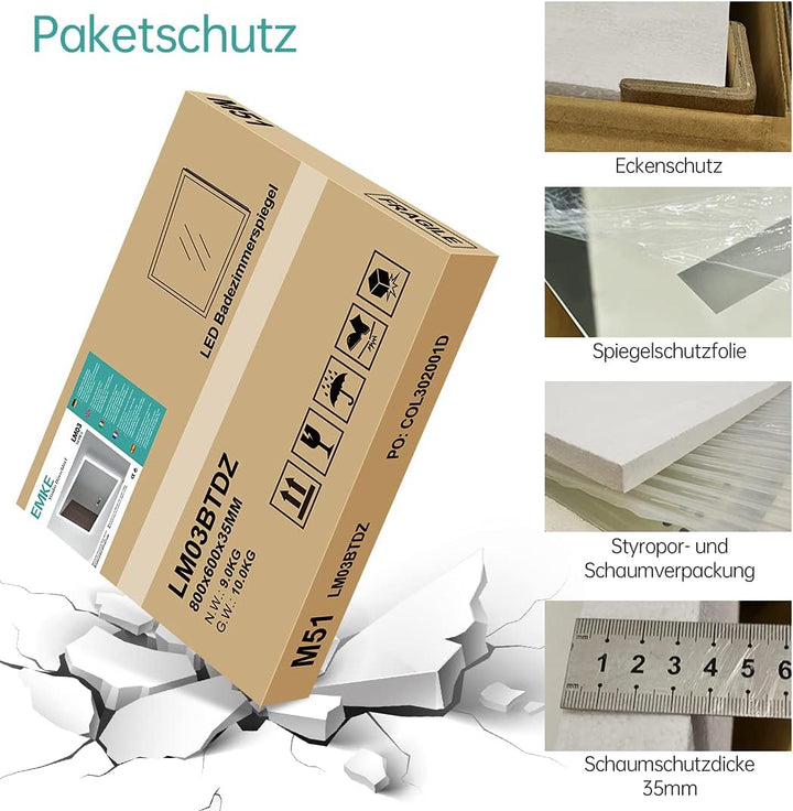 EMKE Badspiegel mit Beleuchtung 80x60cm Badezimmerspiegel mit Beschlagfrei, 2 Lichtfarbe, Kippschalt