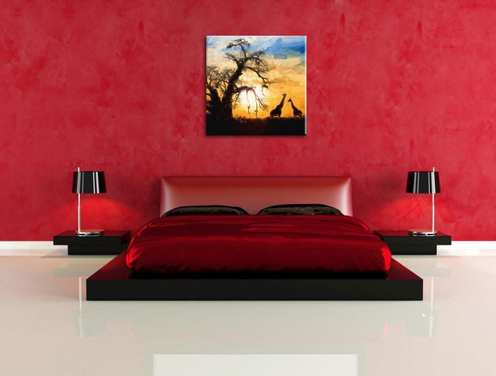 Pixxprint Zwei Giraffen in der Wüste als Leinwandbild Quadratisch/Grösse: 70x70 / Wandbild/Kunstdruc