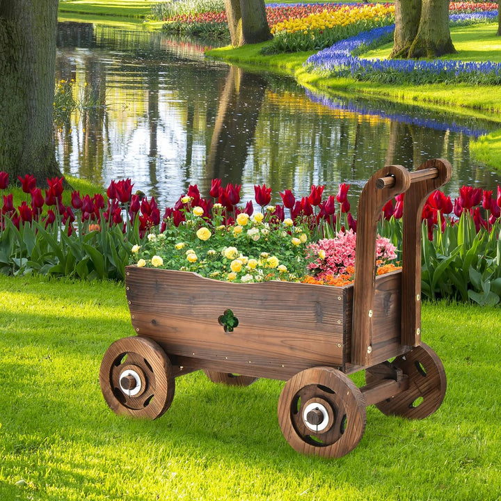 COSTWAY Blumenwagen Holz, Pflanzwagen mit Rädern und Griff, Pflanzkasten mit Abflussloch, Pflanztopf