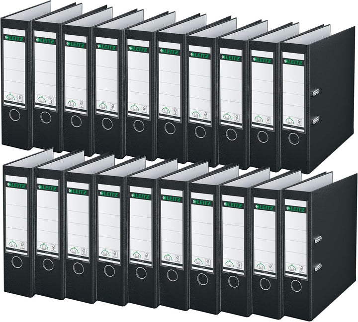 Leitz Qualitäts-Ordner 180° Plastik, 20er Pack, A4, Schwarz, 8,2 cm Rückenbreite, PP-laminierter Ein