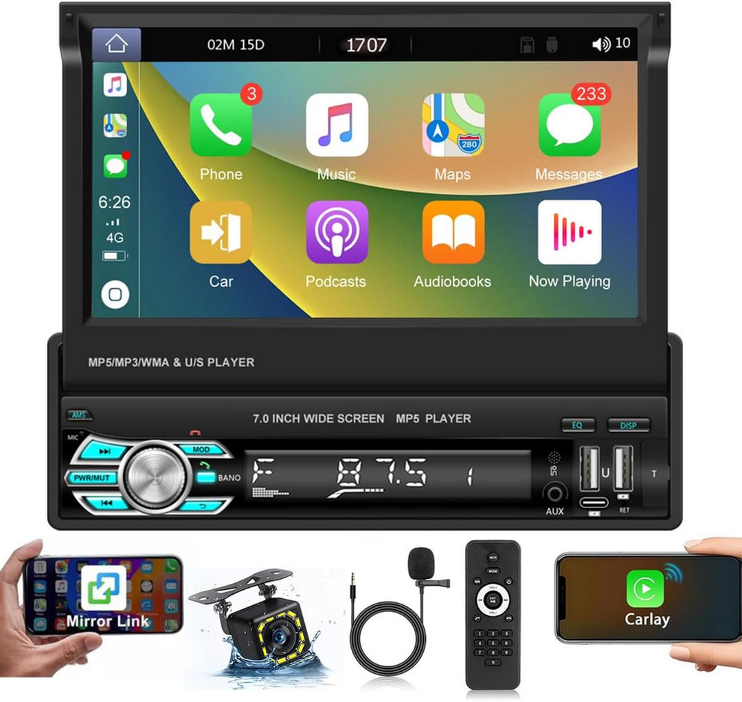 Hikity Autoradio 1 Din mit Wireless Carplay und Android Auto, 7 Zoll Ausfahrbarem Bildschirm Auto Ra