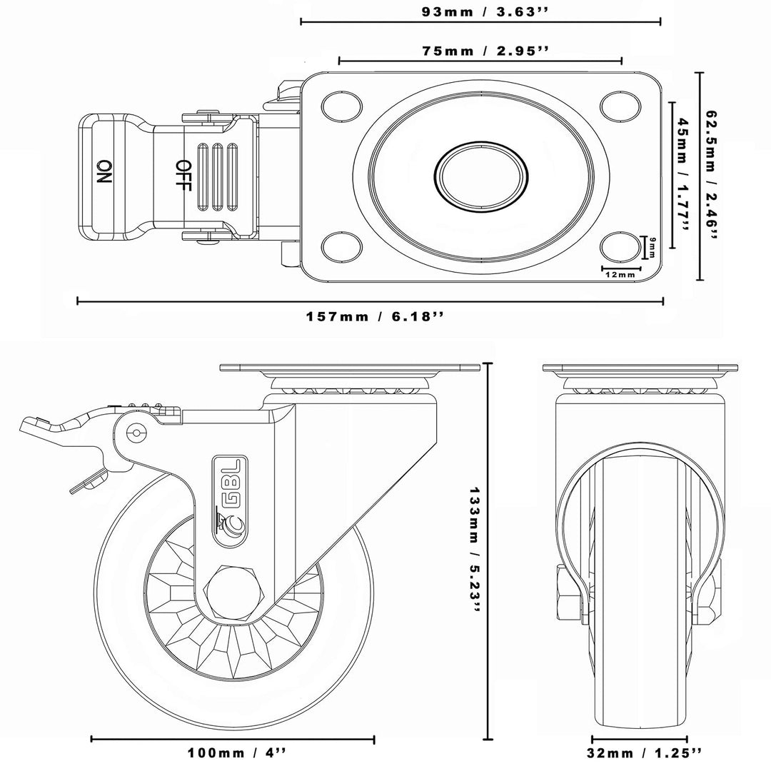 GBL Möbelrollen Schwerlast mit 4 Bremsen + Schrauben - 100mm 600KG - 4 Lenkrollen mit Möbel Bremse -