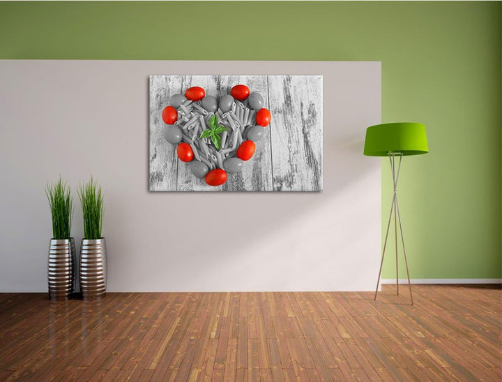 Herz aus Tomaten, Nudeln und Basilikum schwarz/weiss Format: 100x70 auf Leinwand, XXL riesige Bilder