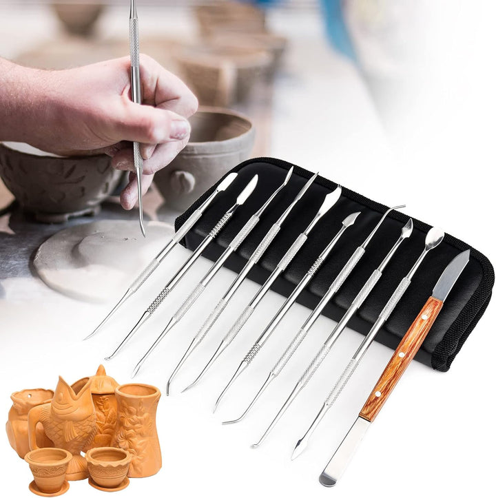 MOPOIN Modellierwerkzeug, 10 Stück Töpferwerkzeug Set Edelstahl Ton Werkzeug mit Tragetasche, Doppel