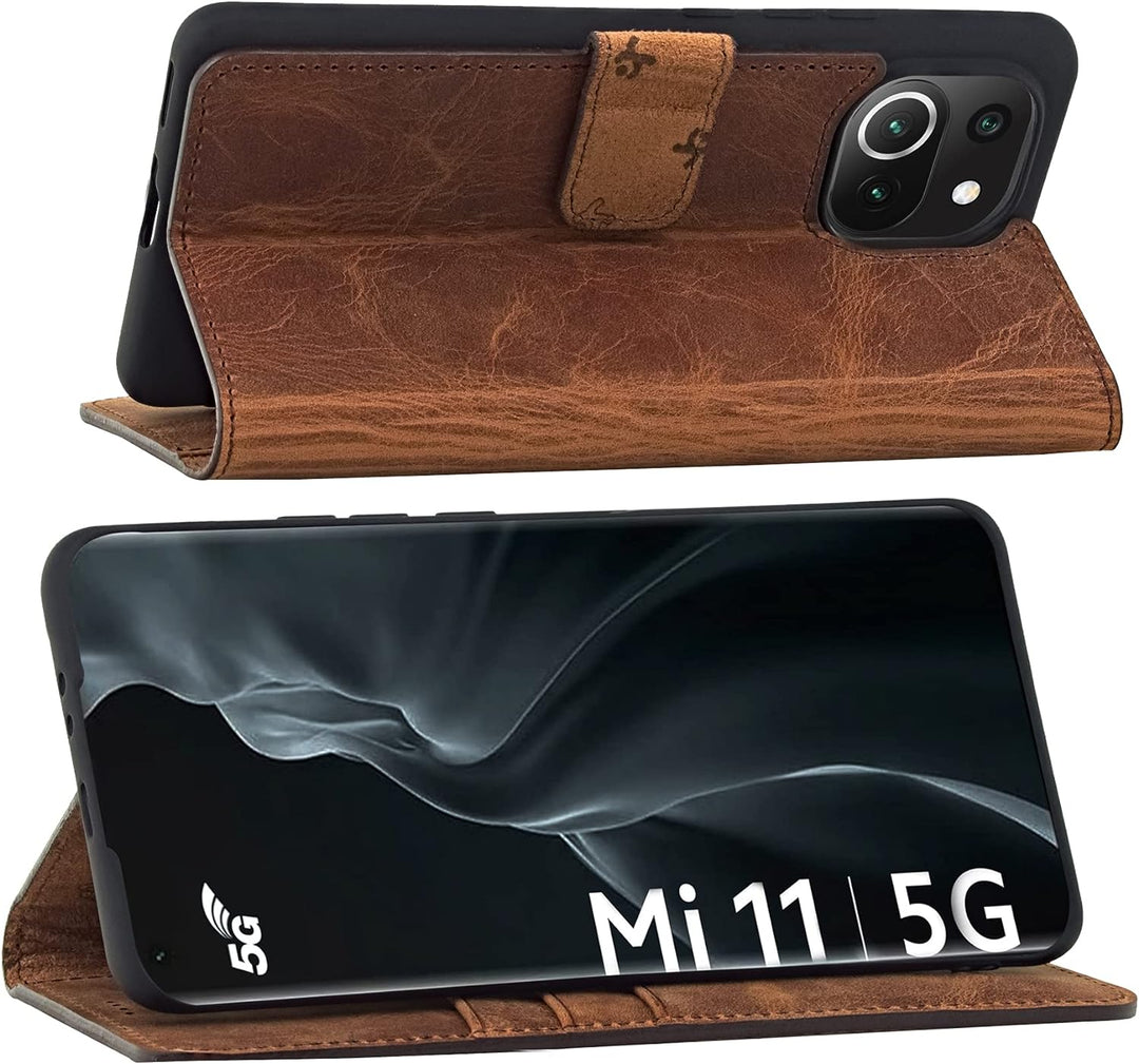Suncase Book-Style Hülle kompatibel mit Xiaomi Mi 11 Leder Tasche (Slim-Fit) Lederhülle Handytasche