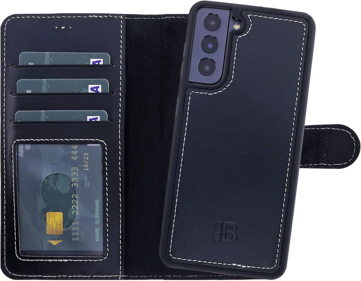 Burkley 2-in-1 Leder Handytasche für Samsung Galaxy S21 FE - Abnehmbares Back Cover, 360° Schutz, RF
