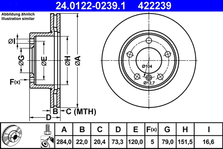 ATE Original Bremsscheibe - 2 Bremsscheiben - 24.0122-0239.1 - ECE-R90 Strassenzulassung Single, Sin