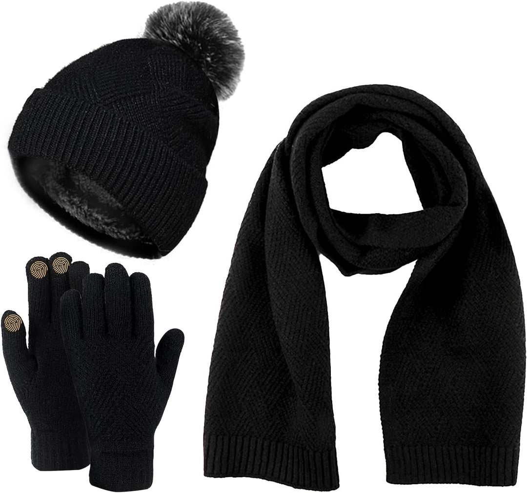 Damen Bommelmütze, Schals, Handschuhe, Set, Thermo, Winter, warm, Strickmütze, Halswärmer und Touchs