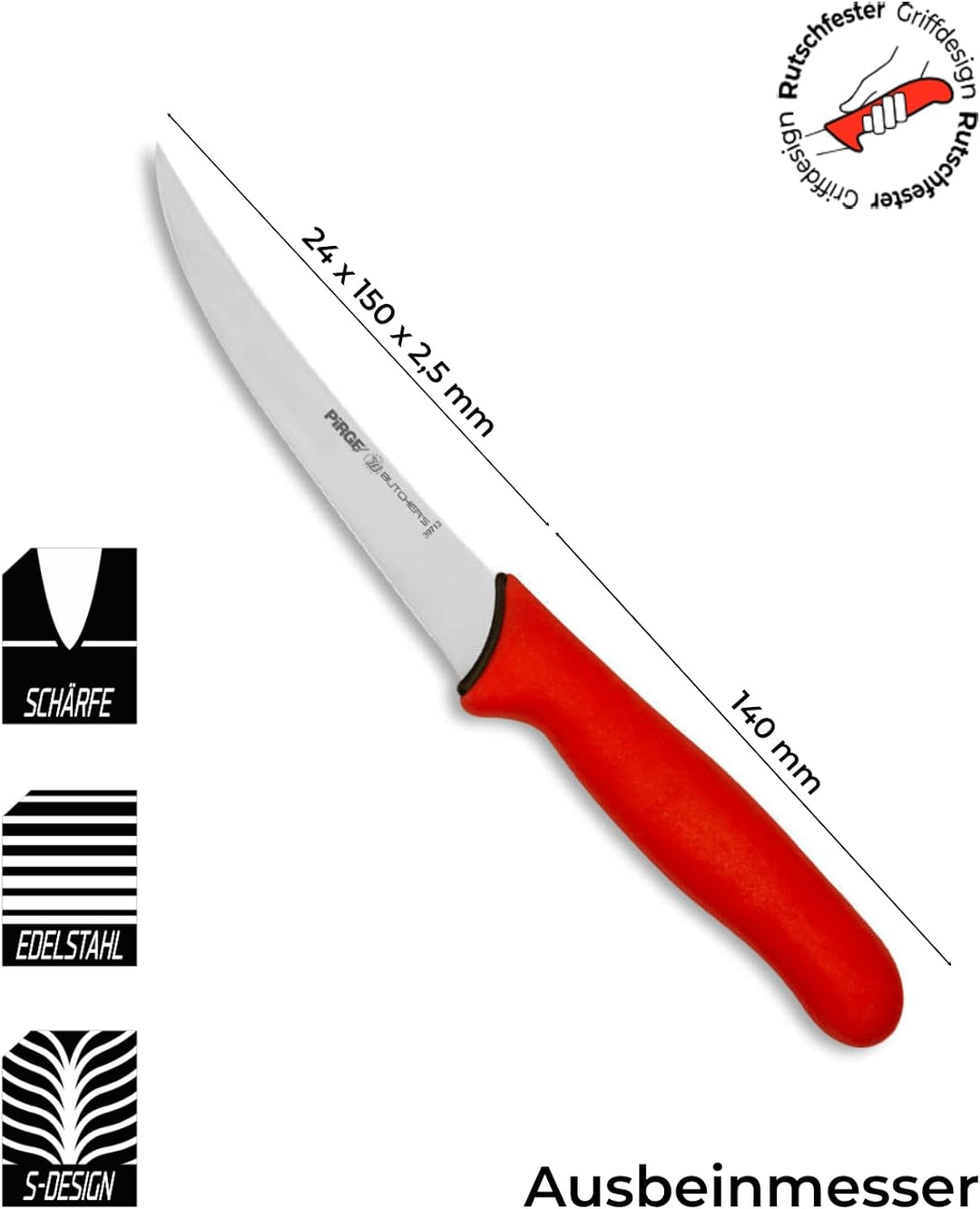 Pirge Butcher's MasterGrip Ausbeinmesser Profi Messer 15 cm Rot Schlachtermesser - Fleischermesser -