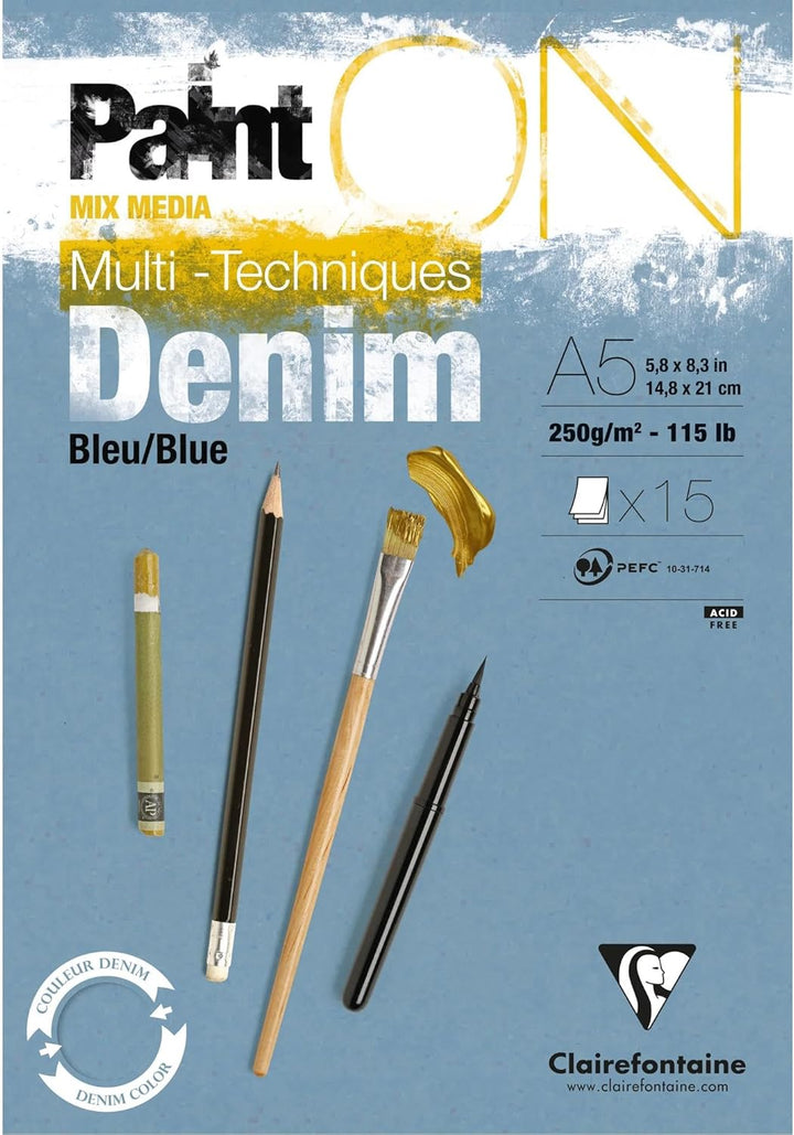 Clairefontaine 975700C - Packung mit 4 Blöcken Paint´ON Denim, DIN A5, kopfseitig geleimt, 15 Blatt,