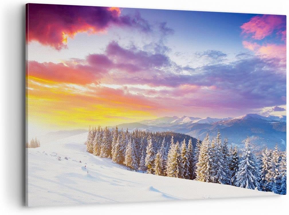 Bilder auf Leinwand 100x70cm Leinwandbild mit Rahmen Berge Schnee Winter Gross Wanddeko Bild Schlafz