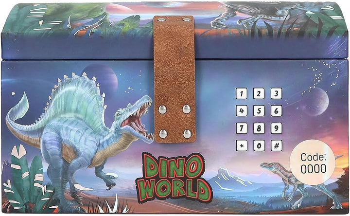 Depesche 13441 Dino World - Schatztruhe im Dino Design mit Planeten, Aufbewahrungsbox mit Code, Soun