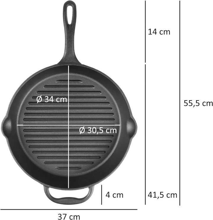 BBQ-Toro Gusseisen Bratpfanne Ø 34 cm | Gusseisen-Grillpfanne mit Griff, Stiel und zwei Ausgiesser,