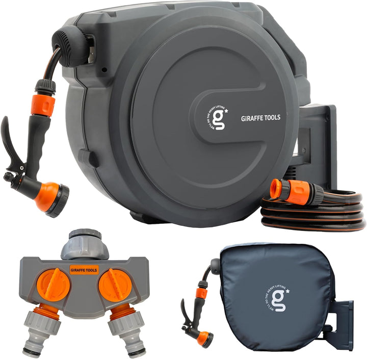 Giraffe Tools Gartenschlauchtrommel-Set mit Wasserhahn-Splitter und Abdeckung, einziehbarer 35 m Sch