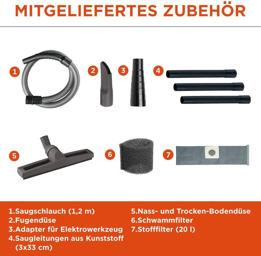 BLACK+DECKER Nass und Trockensauger BXVC20PTE mit Integrierte Steckdose für Elektrowerkzeug (1200 W,