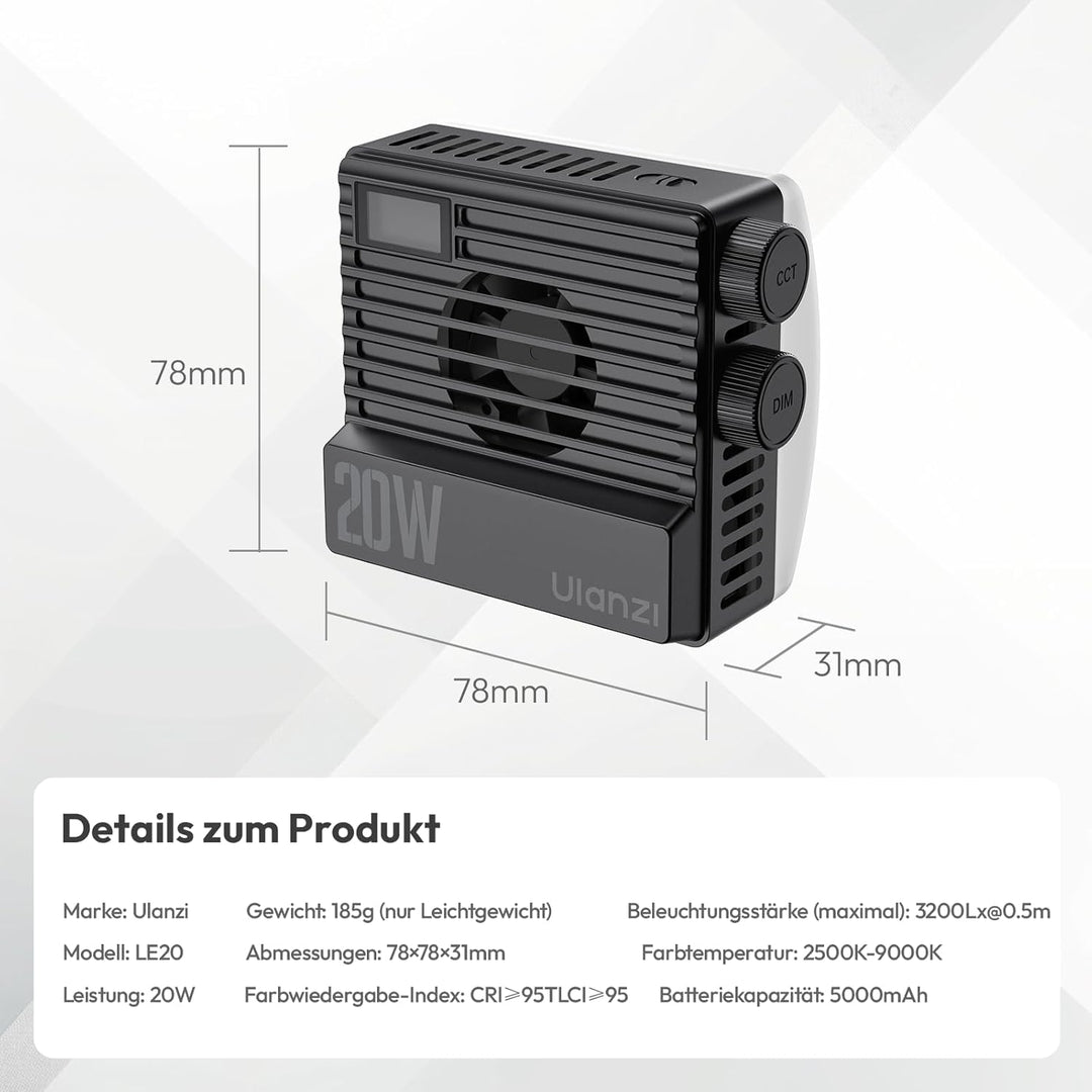 Videolicht RGB, ULANZI LE20 Kamera Foto Licht, 20W Videoleuchte mit 5000 mAh Akku, 2500K-9000K dimmb