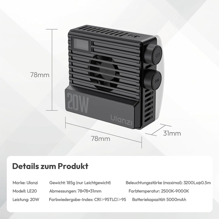Videolicht RGB, ULANZI LE20 Kamera Foto Licht, 20W Videoleuchte mit 5000 mAh Akku, 2500K-9000K dimmb