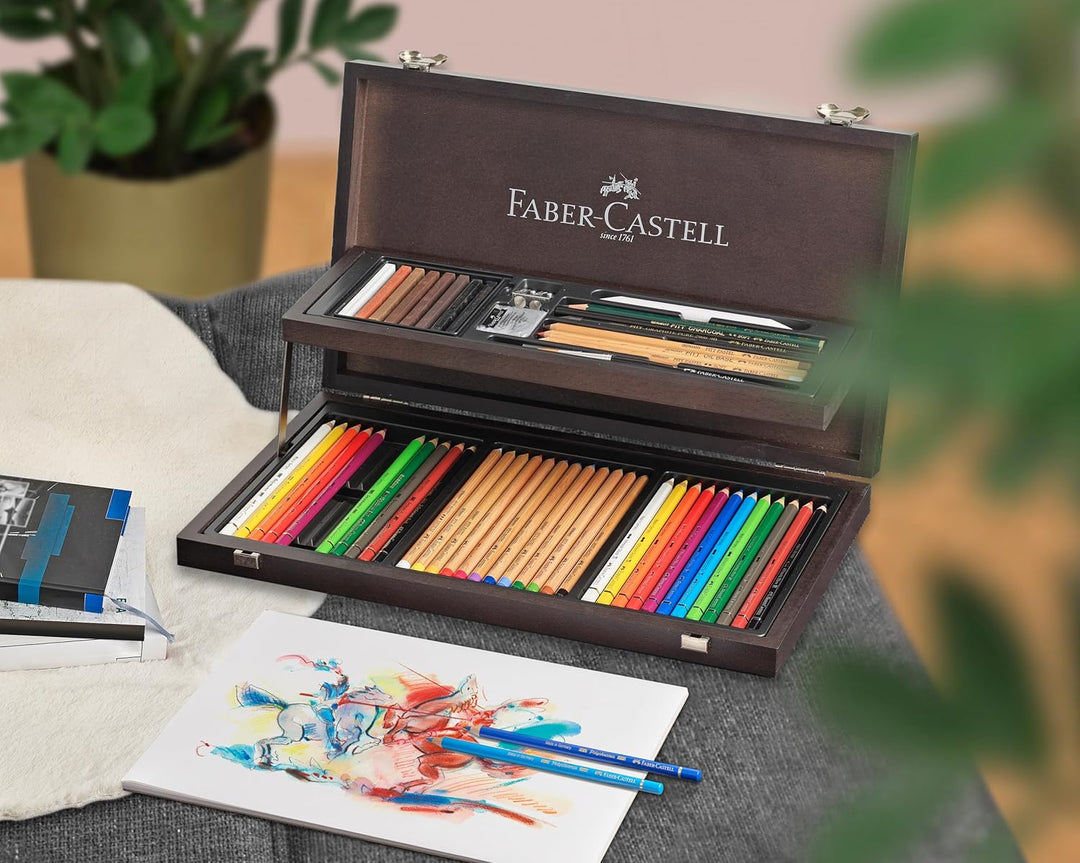 Faber-Castell 110084 - Art & Graphic Compendium Holzkoffer, 53-teilig, mit 12 Künstlerfarbstifte, 12