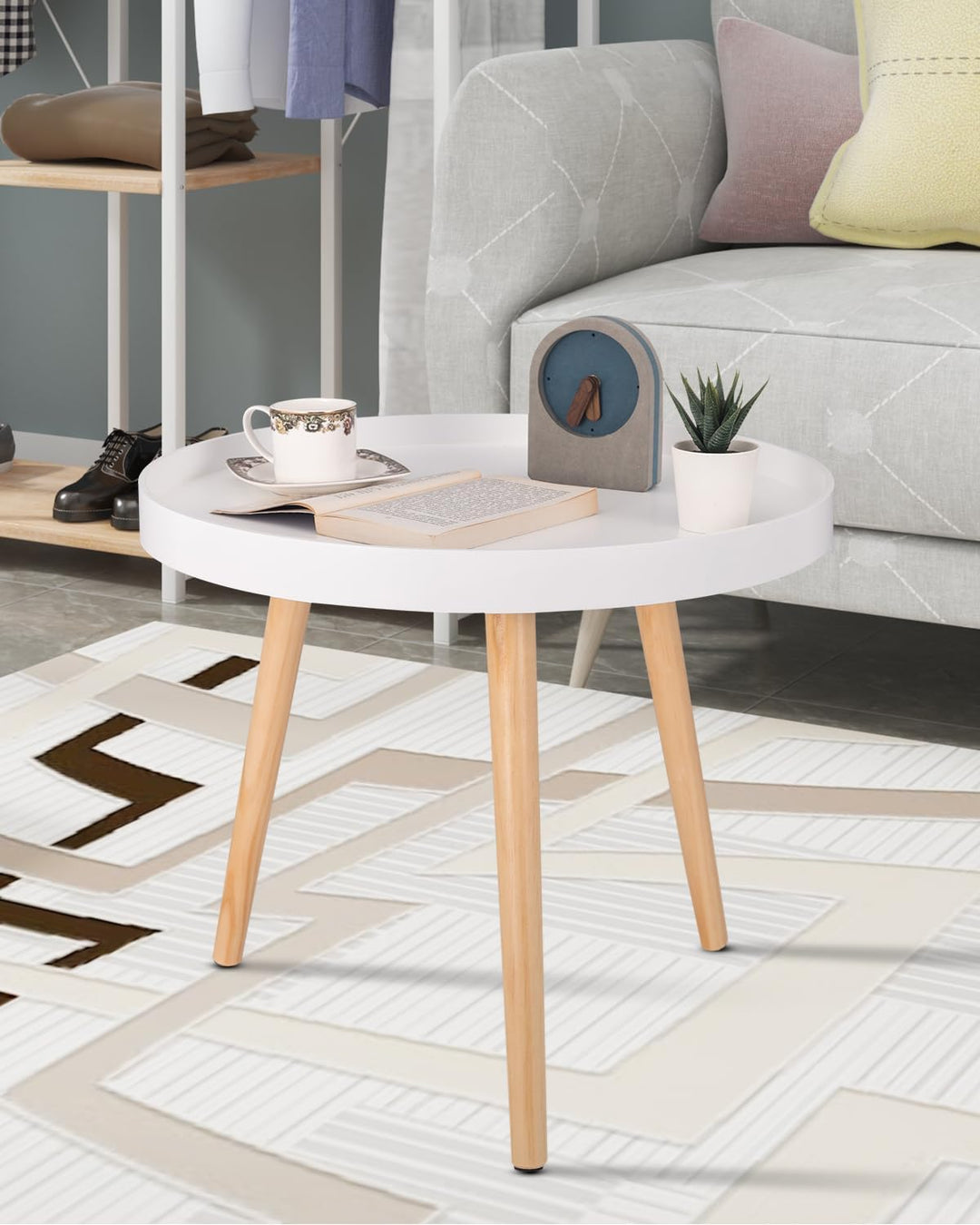 WOLTU Beistelltisch rund klein Couchtisch Blumenständer Nachttisch Massiv Holz skandinavisches Desig