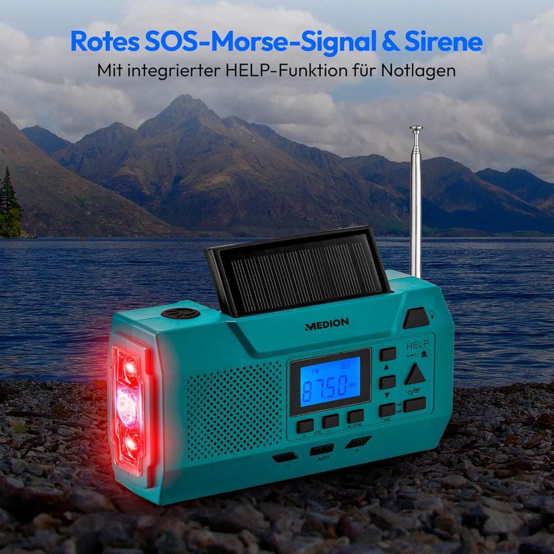 MEDION E66806 Kurbelradio (Solar, Dynamo Handkurbel, Baustellenradio, UKW Radio, Taschenlampe, SOS N
