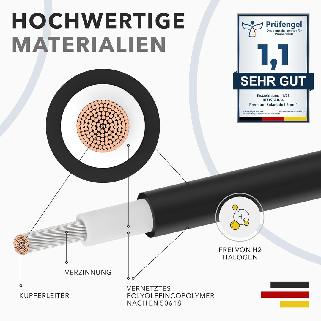 RedStar24 Premium Solarkabel 6mm² Schwarz - 30m - TÜV-zertifiziert - UV-beständig, flexibel, Photovo