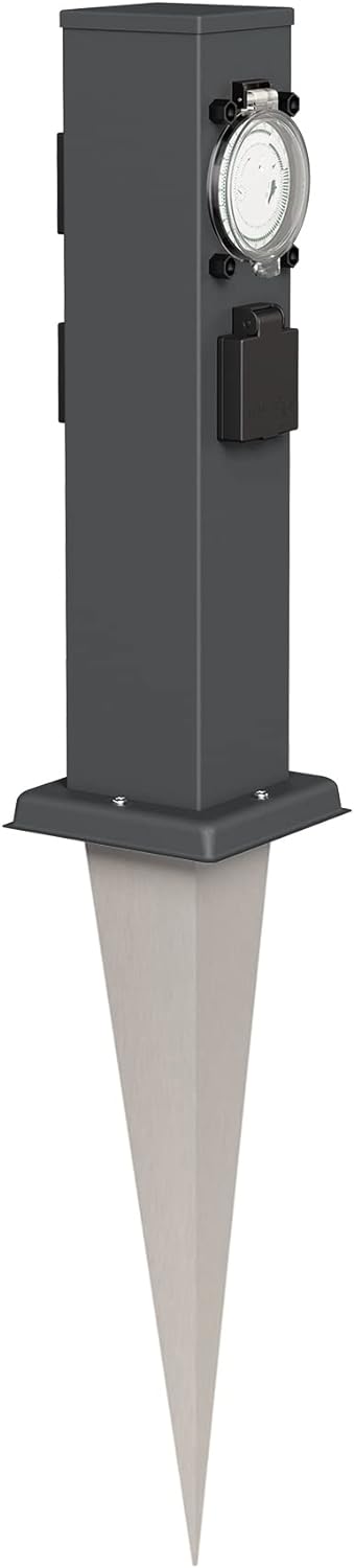ledscom.de Garten-Steckdosen-Säule Polly mit Erdspiess für aussen, IP44, 3-Fach mit Timer/Zeitschalt