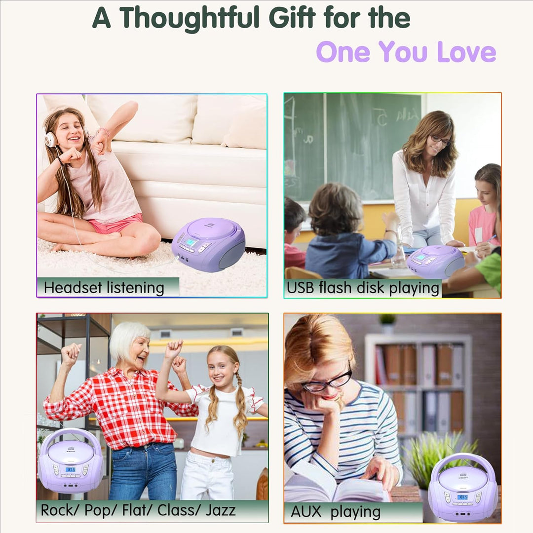 Tragbarer CD-Player für Kinder - Radio-CD-Boombox mit Bluetooth, FM-Radio, USB-Eingang & AUX-Anschlu