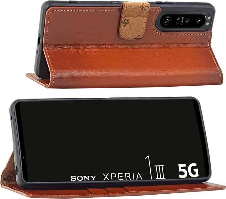 Suncase Book-Style Hülle kompatibel mit Sony Xperia 1 III 3 (2021) Leder Tasche (Slim-Fit) Lederhüll