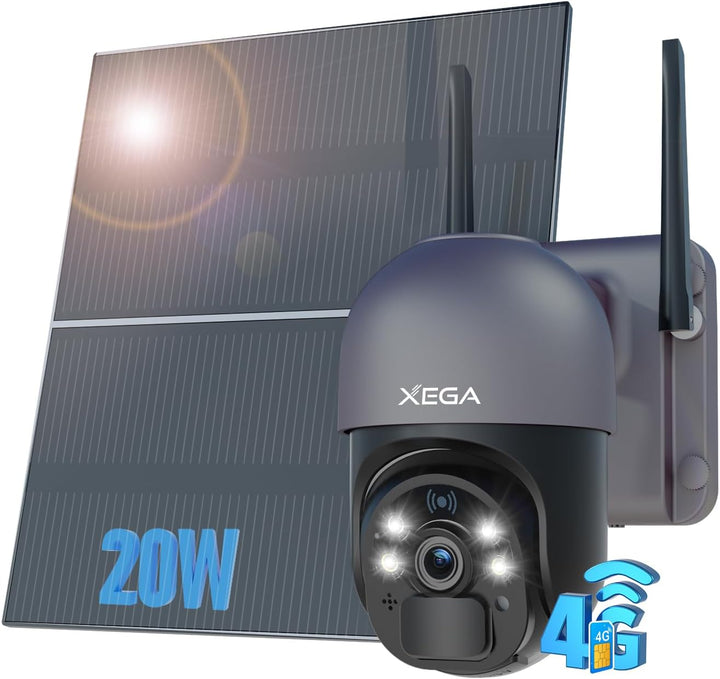 Xega 4G LTE Überwachungskamera mit SIM Karte Aussen【20W Solarpanel】 20,000mAh Akku 2K 3MP PTZ Solar