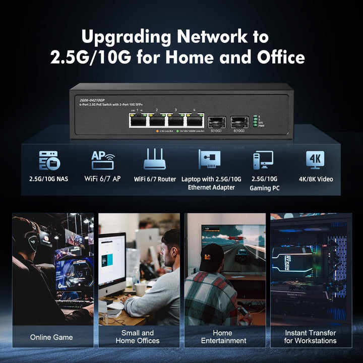 Binardat 6 Port 2.5G PoE Switch mit 2x10G SFP+ Port, 4x2.5G Base-T Ports kompatibel mit 100/1000Mbps