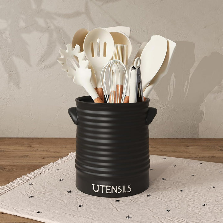 Karisky Kitchen Utensil Holder for Countertop, 6.2" Large Ceramic Utensil Crock with Cork Mat, Handl