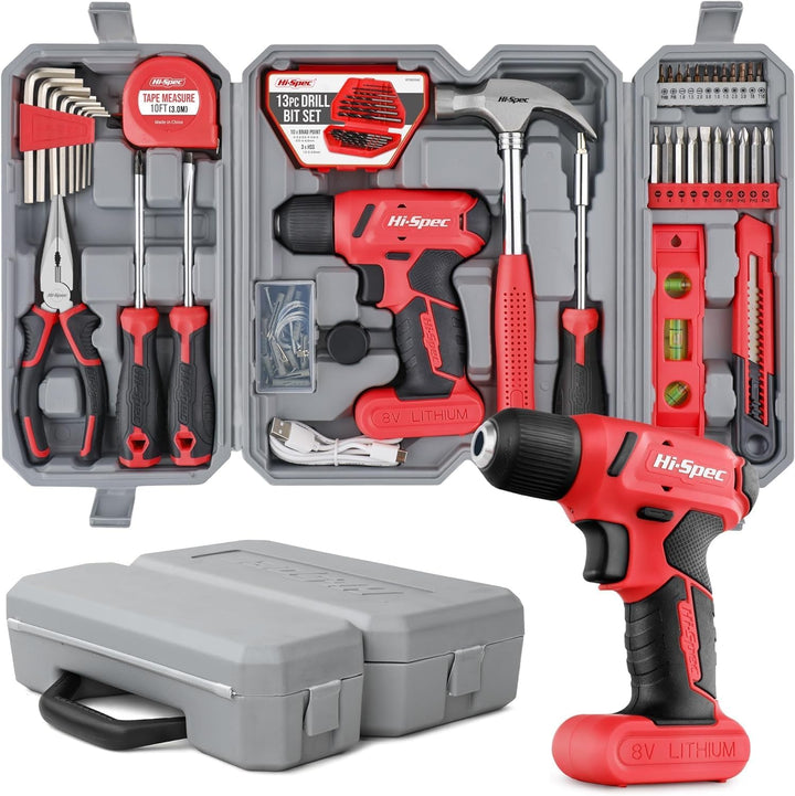 Hi-Spec 58 tlg. Werkzeugset in Rot mit 8V USB Bohrmaschine mit Akku. Werkzeugkoffer gefüllt für Haus